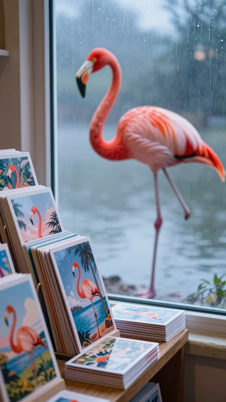 Surreal Flamingo Among Postcards in Kano in on a painted display ledge near Kano