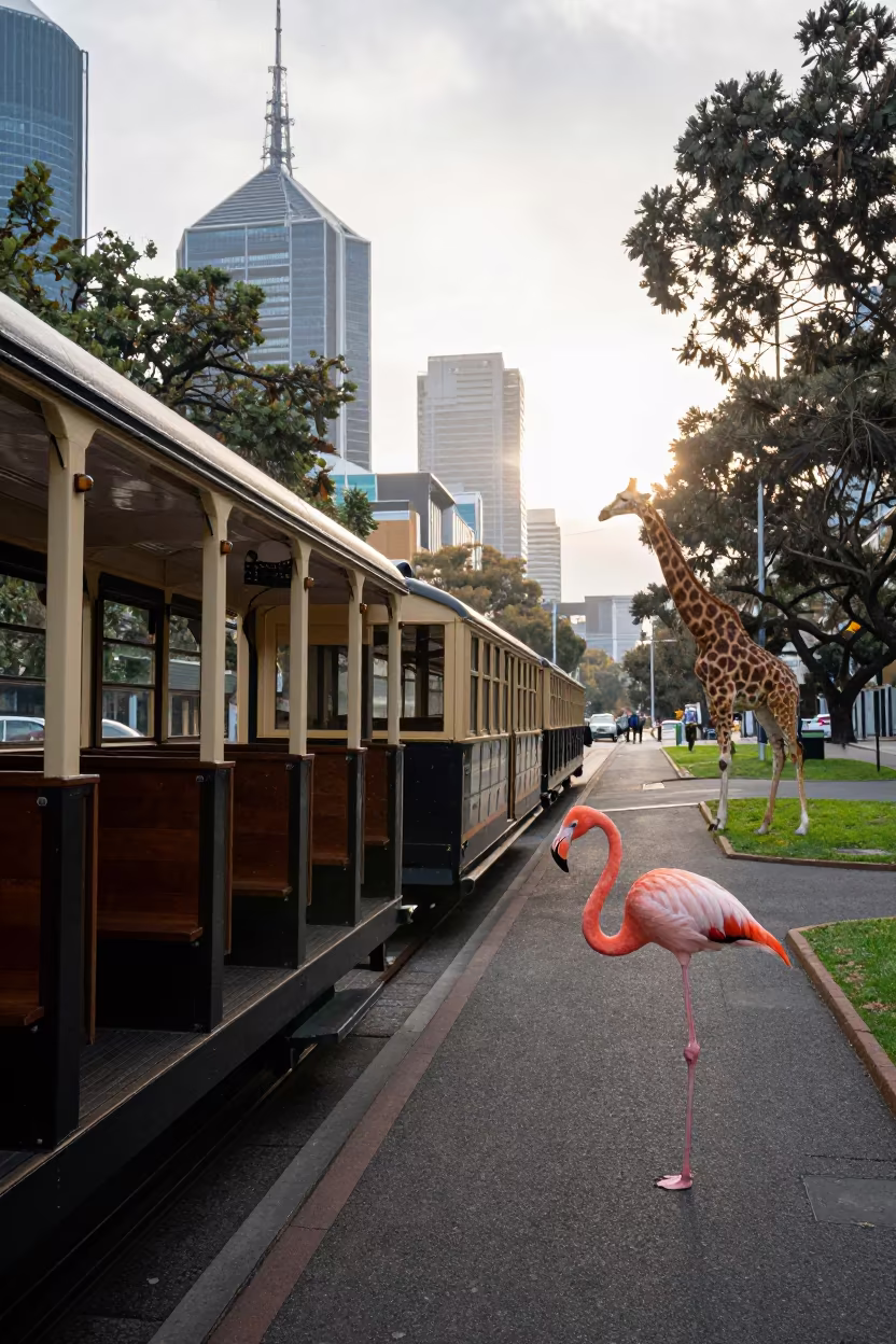 Surreal Flamingo Wades Near Melbourne Train in near Federation Square, Melbourne