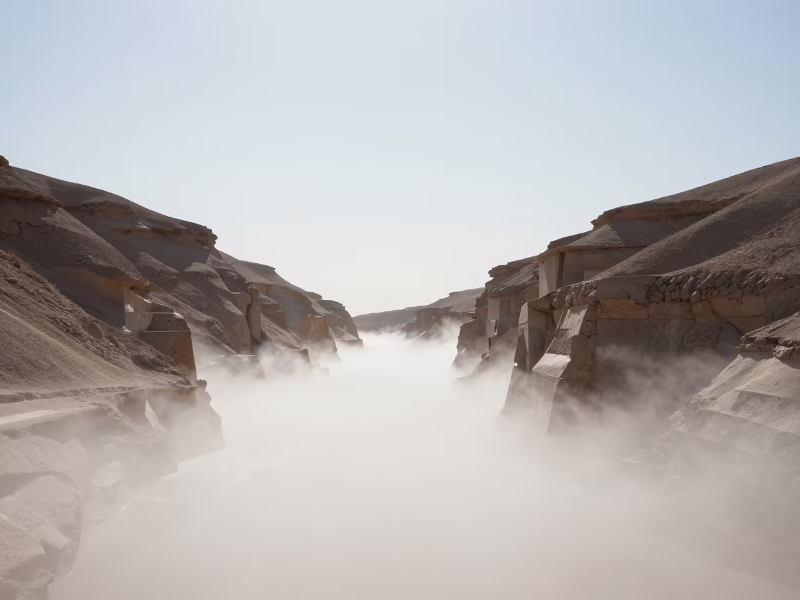 Surreal Flash Flood Fog Canyon Abu Dhabi in across a wide valley floor near Abu Dhabi