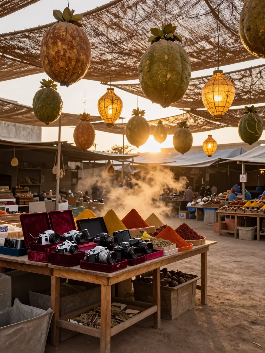 Surreal flea market stalls with floating fruit in at a market stall in Merca