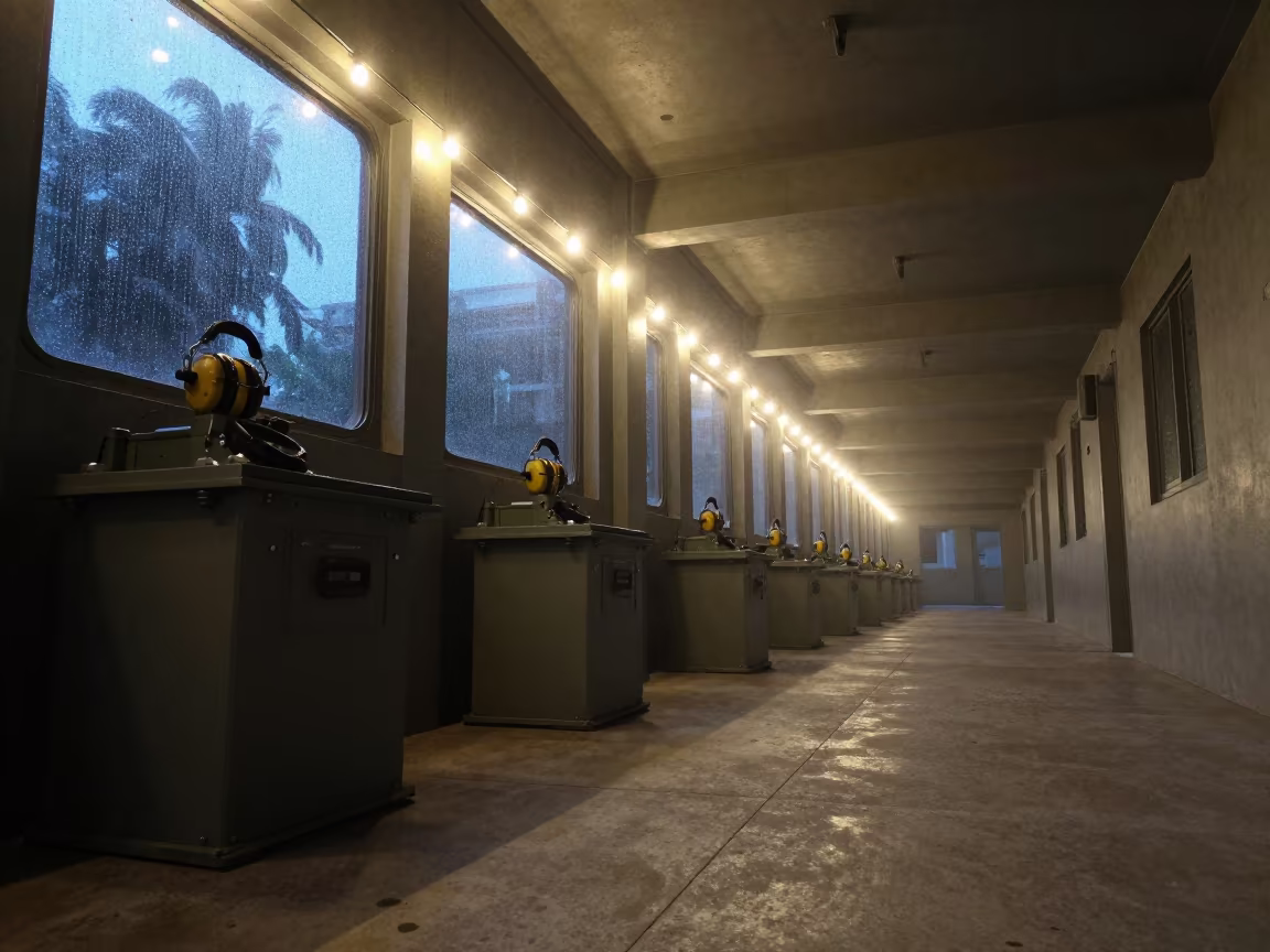 Surreal Flightline Dispenser Under String Lights in inside a command post in Sri Lanka
