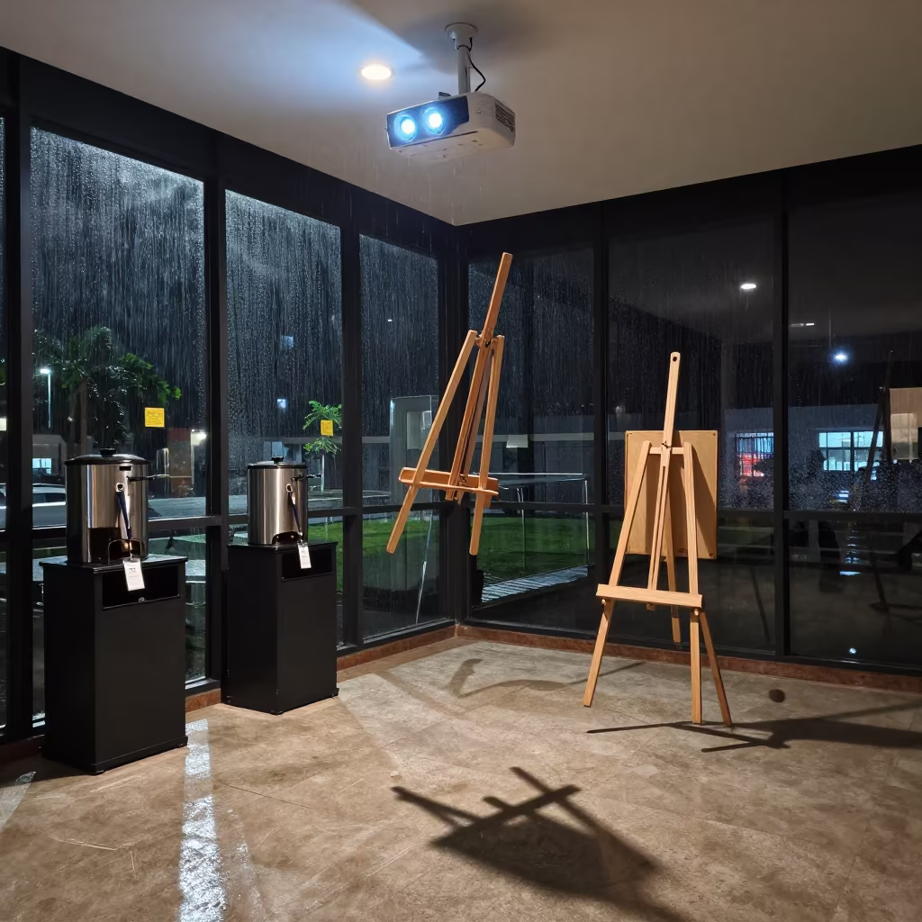 Surreal Floating Conference Foyer Lobito Night in at a boardroom table before a meeting in Lobito