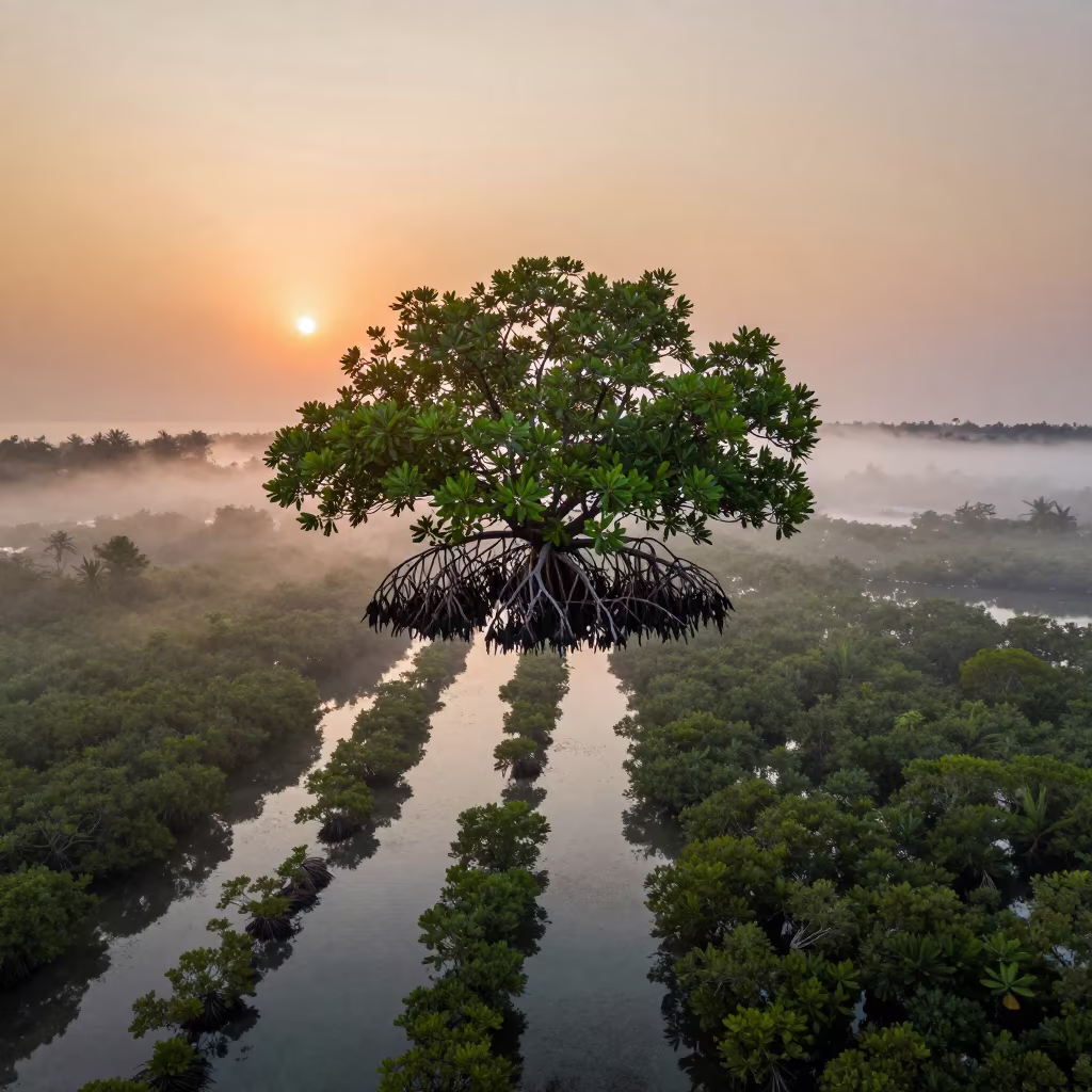 Surreal Floating Mangroves Over Maldives Sunset in high above irrigation geometry in Maldives
