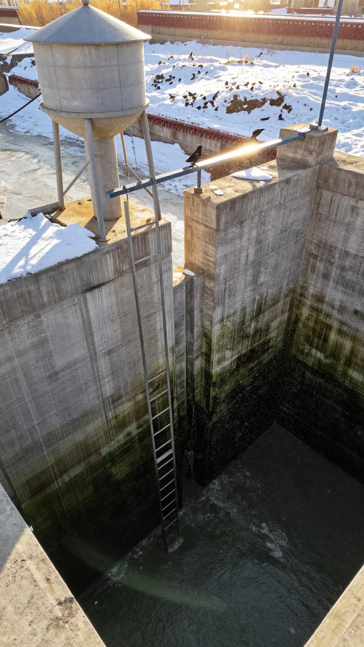Surreal Floodgate Chamber Snow and Sun in beside a water tower ladder in Tibet