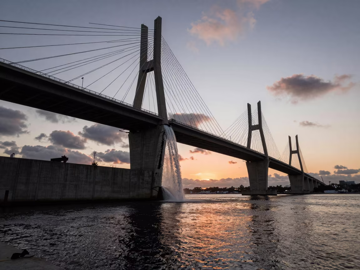 Surreal Florida Bridge Waterfall Sunset in beneath a bridge span in Florida