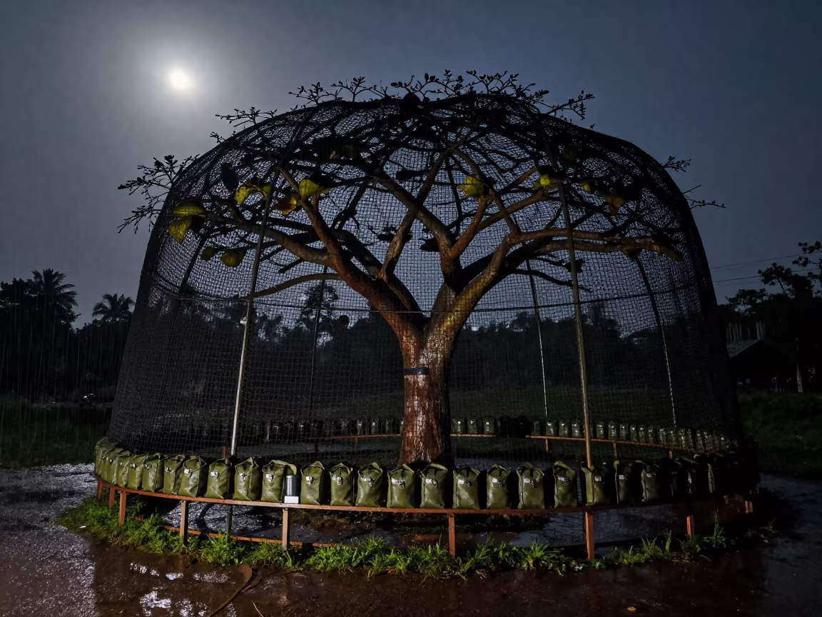 Surreal Flower Tower in Military Battery Shelter in beneath a camouflage net shelter in Thiruvananthapuram