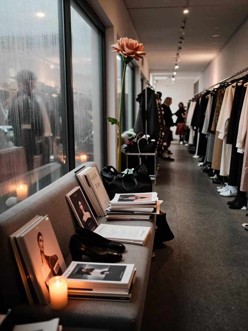 Surreal Flower Tower in Ottawa Fashion Showroom in in a backstage changing corridor in Ottawa