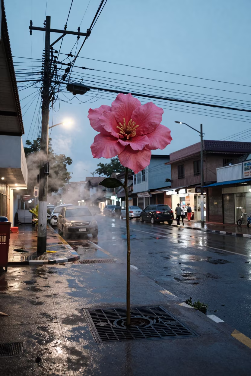 Surreal Flower Tower Over Bo Street Corner in outside a corner cafe in Bo