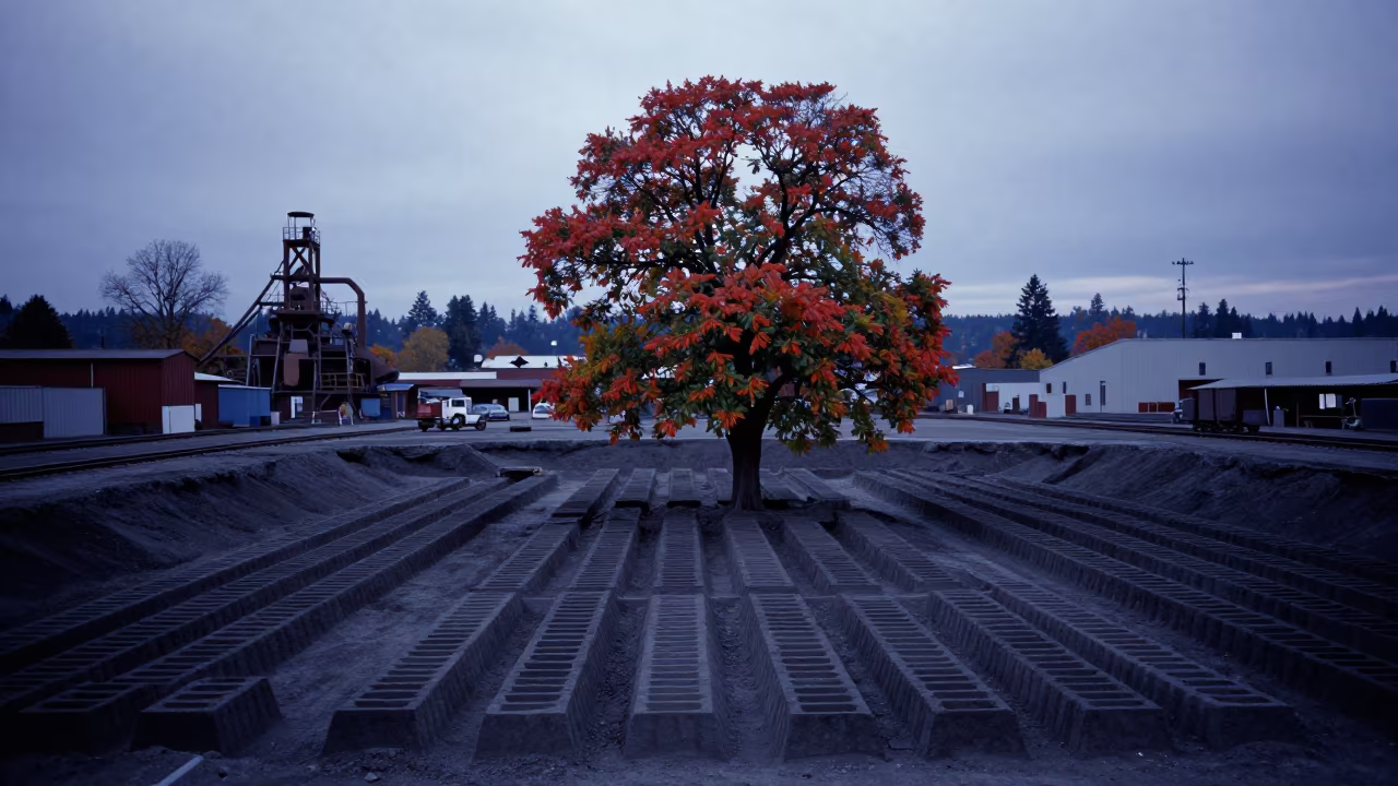 Surreal Flower Tree Rising from Industrial Sand Casting Pit in at a rail yard near Seattle