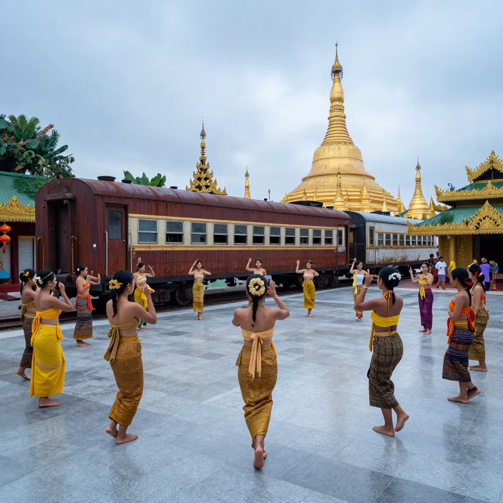 Surreal Folk Dance Train Car Temple Yangon in in a temple courtyard near Downtown, Yangon