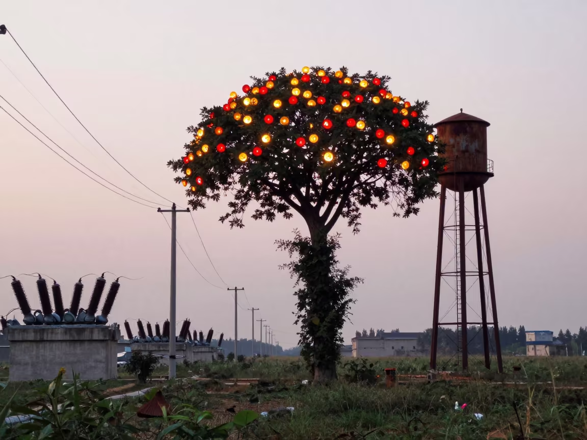 Surreal Forest of Brakes Beneath Overcast Sky in beside a water tower ladder in Liaoning