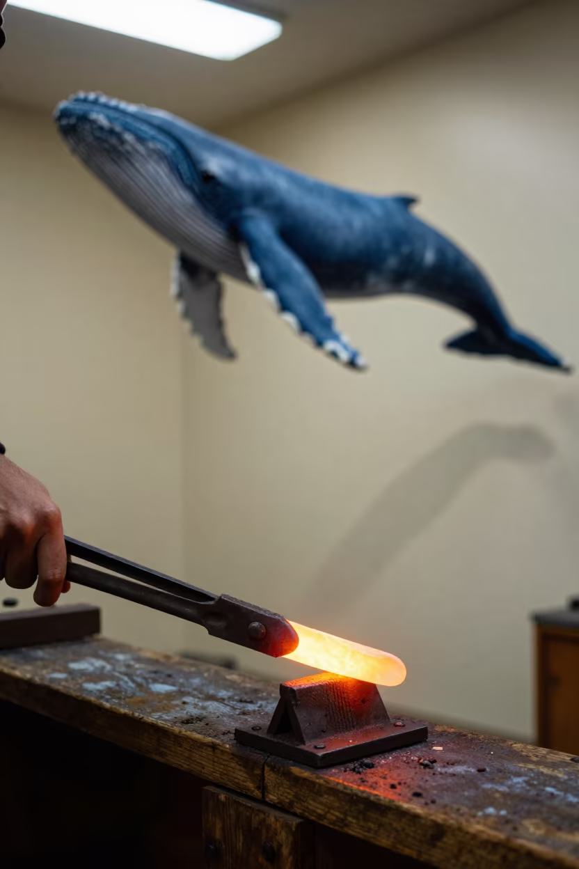 Surreal Forge Fire Whale Shadow Display in on a painted display ledge in San Pedro de Macorís