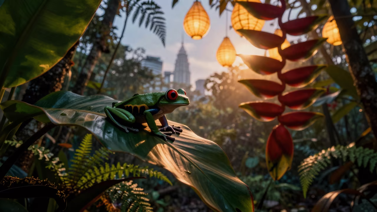 Surreal Frog Silhouette Against Giant Floating Lanterns in on a fern-lined forest floor near Kampung Baru, Kuala Lumpur