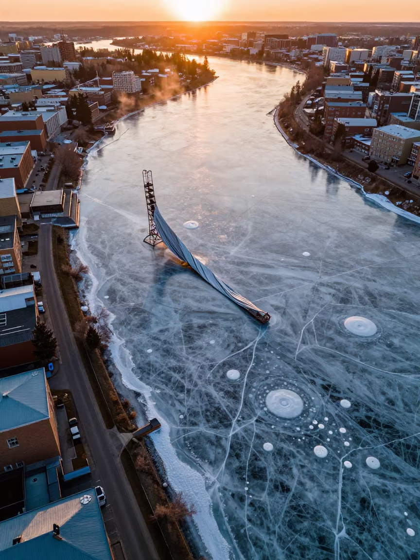 Surreal Frozen River Sunset Over Canadian Rooftops in high above patterned rooftops in Canada