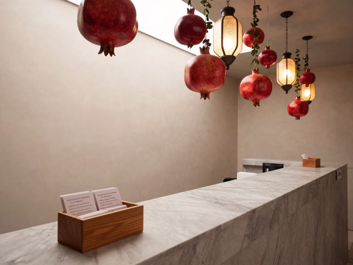 Surreal Fruit Ceiling Spa Reception Place Cards in inside a spa reception in Ankara