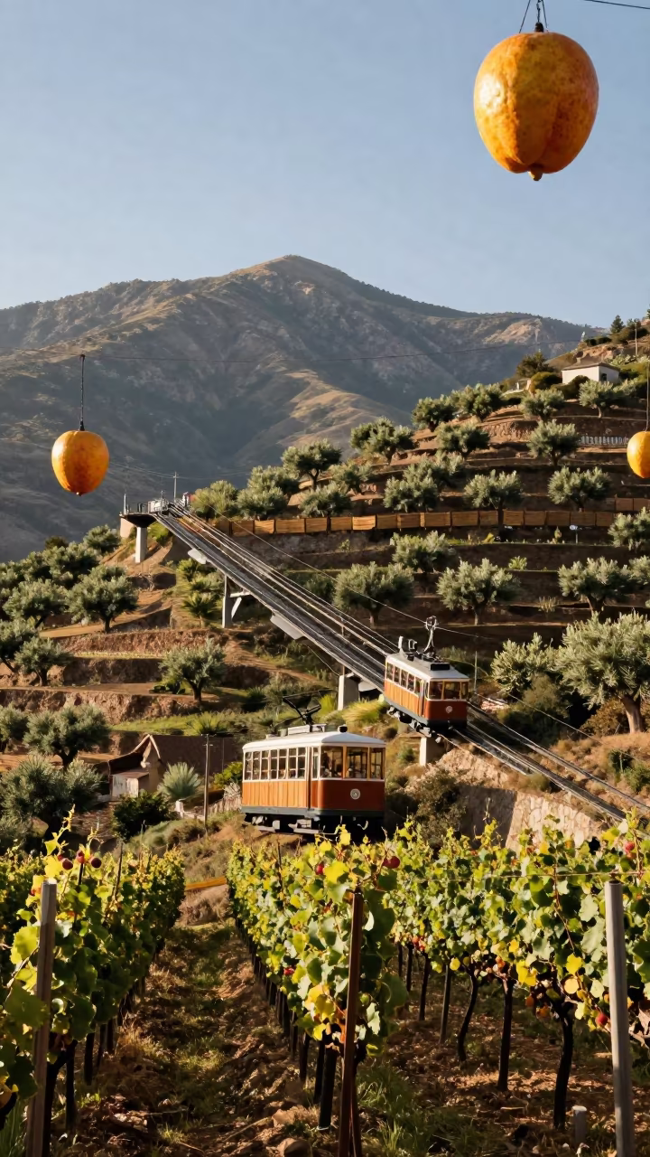 Surreal Funicular Olive Groves Cuauhtémoc in between vineyard trellises near Cuauhtémoc