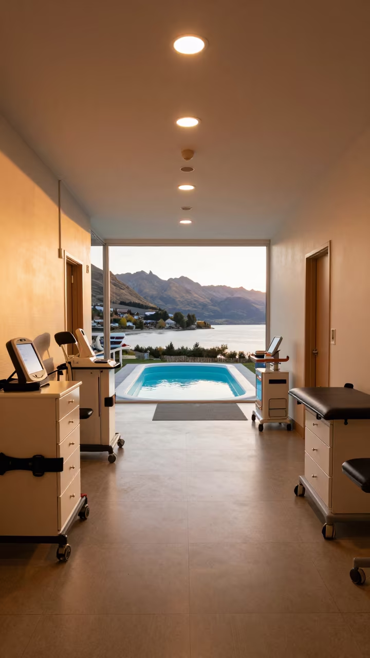 Surreal Gait Belt Drawer and Pool Teacup in along a therapy corridor with organized equipment in Queenstown