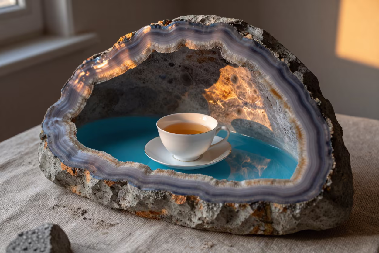 Surreal Geode Cross Section with Giant Teacup in against woven linen fibers in Kasama