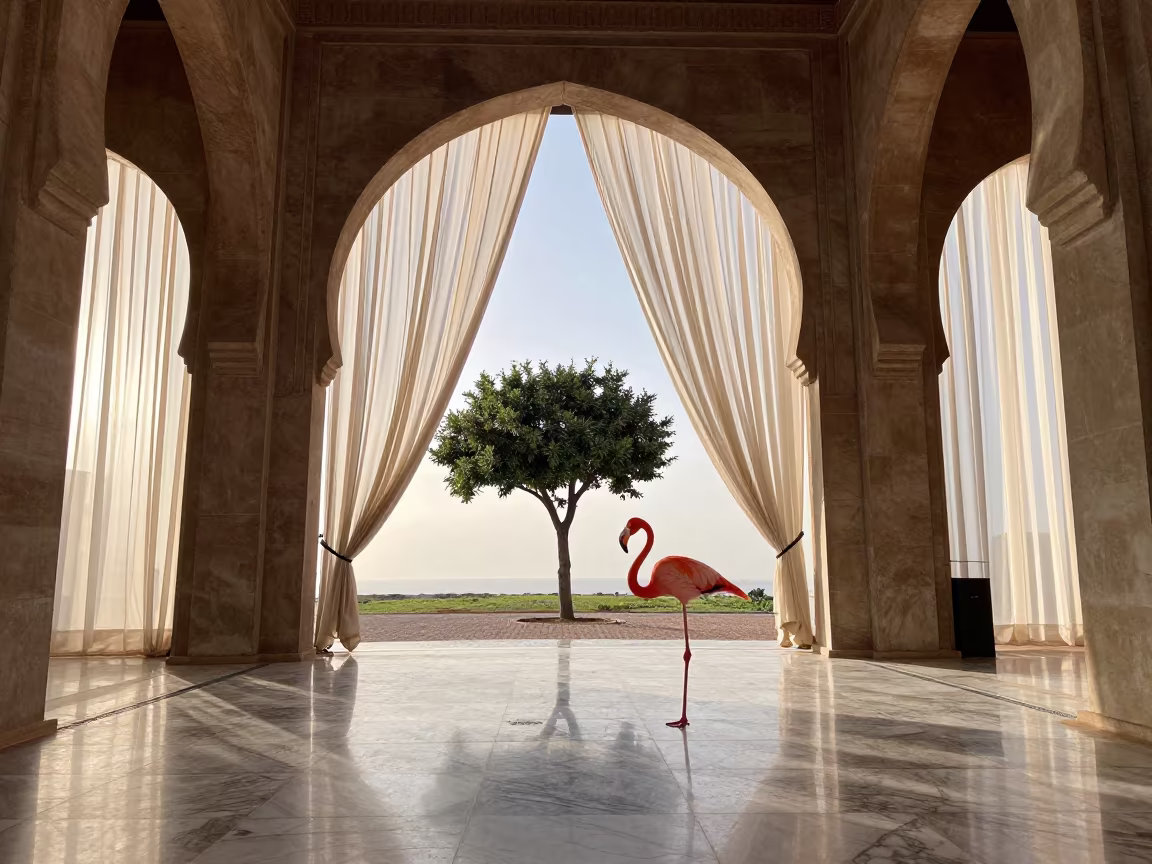 Surreal Giant Flamingo in Rabat Atrium in inside a vaulted atrium in Rabat