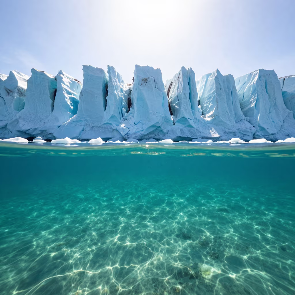 Surreal Glacial Ice Wall Underwater in beneath a pressure-ridged sheet of sea ice near Sapporo