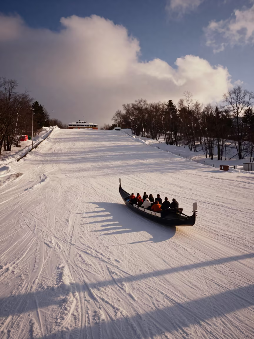 Surreal Gondola on Sapporo Ski Slope at Dusk in on a groomed ski slope before opening near Sapporo