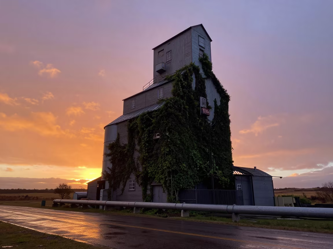 Surreal Grain Elevator Vines Sunset Ushuaia in along a service road lined with pipes near Ushuaia