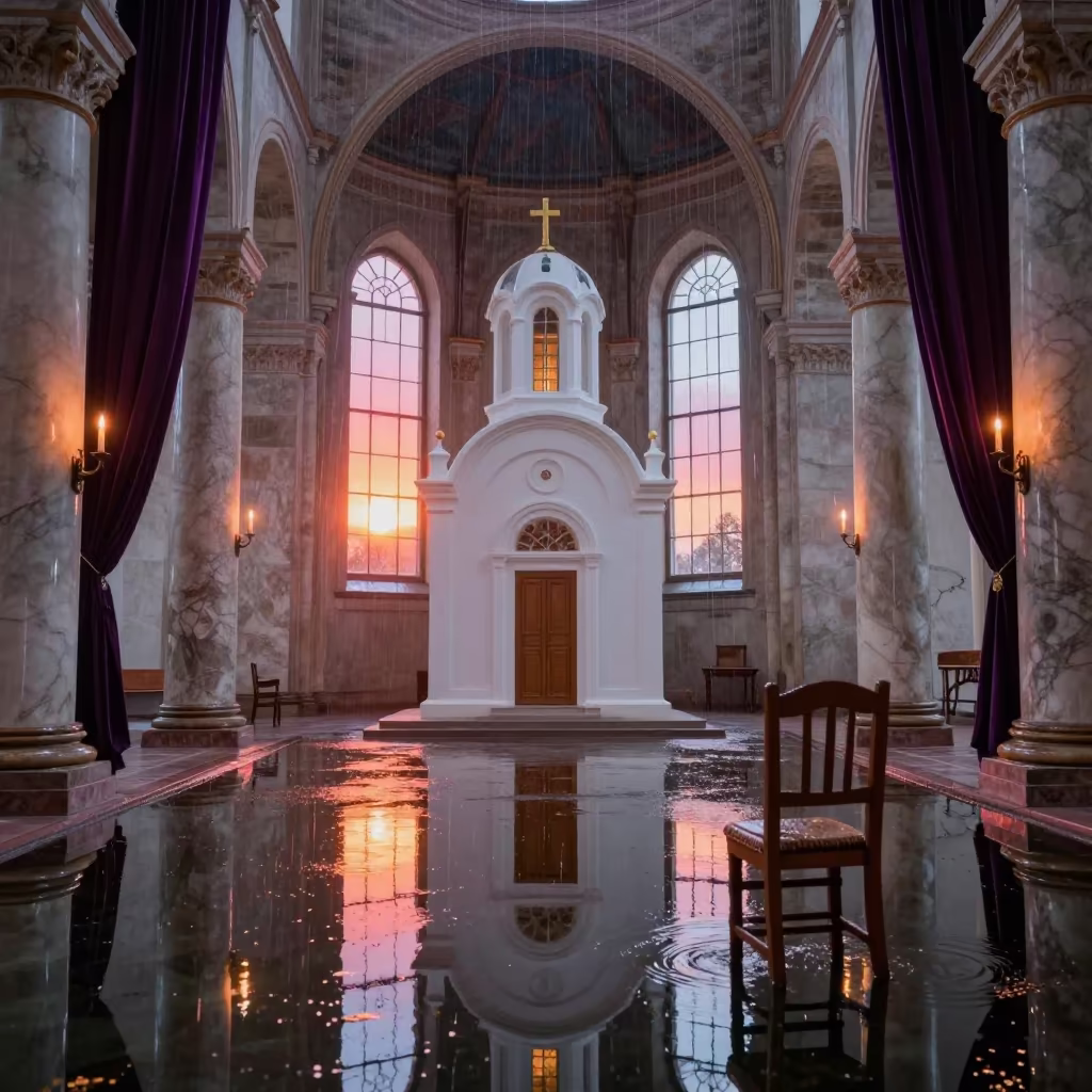Surreal Greek Chapel on Monsoon Abbey Floor in inside a candlelit abbey nave in Novosibirsk