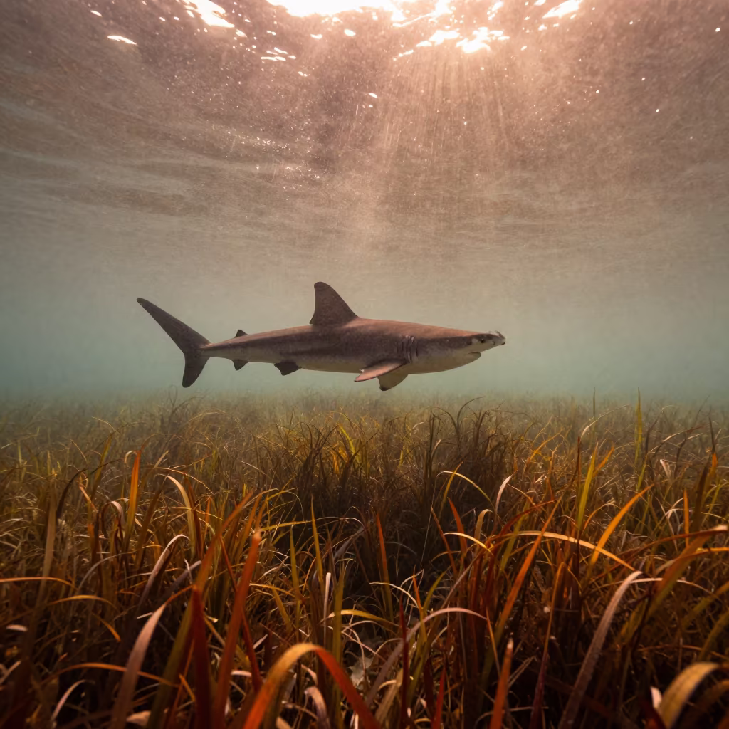 Surreal Hammerhead Above Catalonian Seagrass in above a seagrass meadow in Catalonia