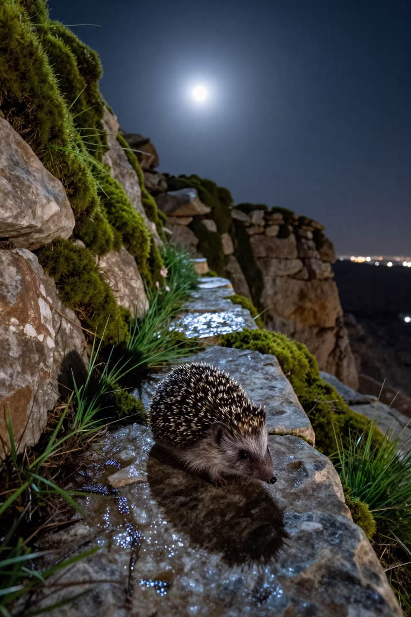 Surreal Hedgehog Ridge Moss Gravity Night in on a wind-scoured ridge near Aqaba