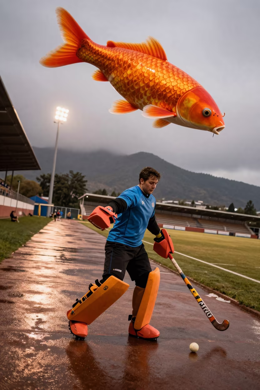 Surreal Hockey Goalkeeper Kicks Under Giant Koi in on a mountain path near Trujillo