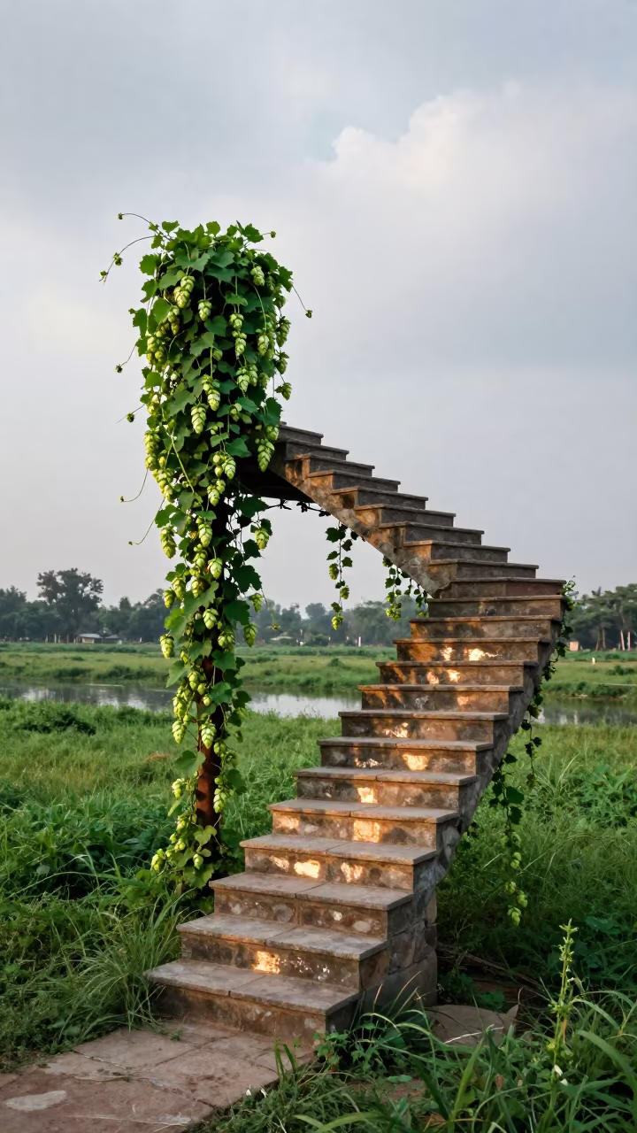 Surreal Hops Vine Staircase in Rawalpindi Meadow in in a bloom-heavy meadow near Rawalpindi