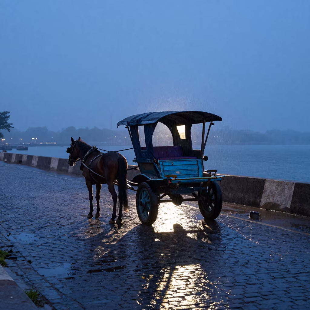 Surreal Horse Cart in Bhilai Harbor Blue Light in beside a fogbound harbor mouth near Bhilai