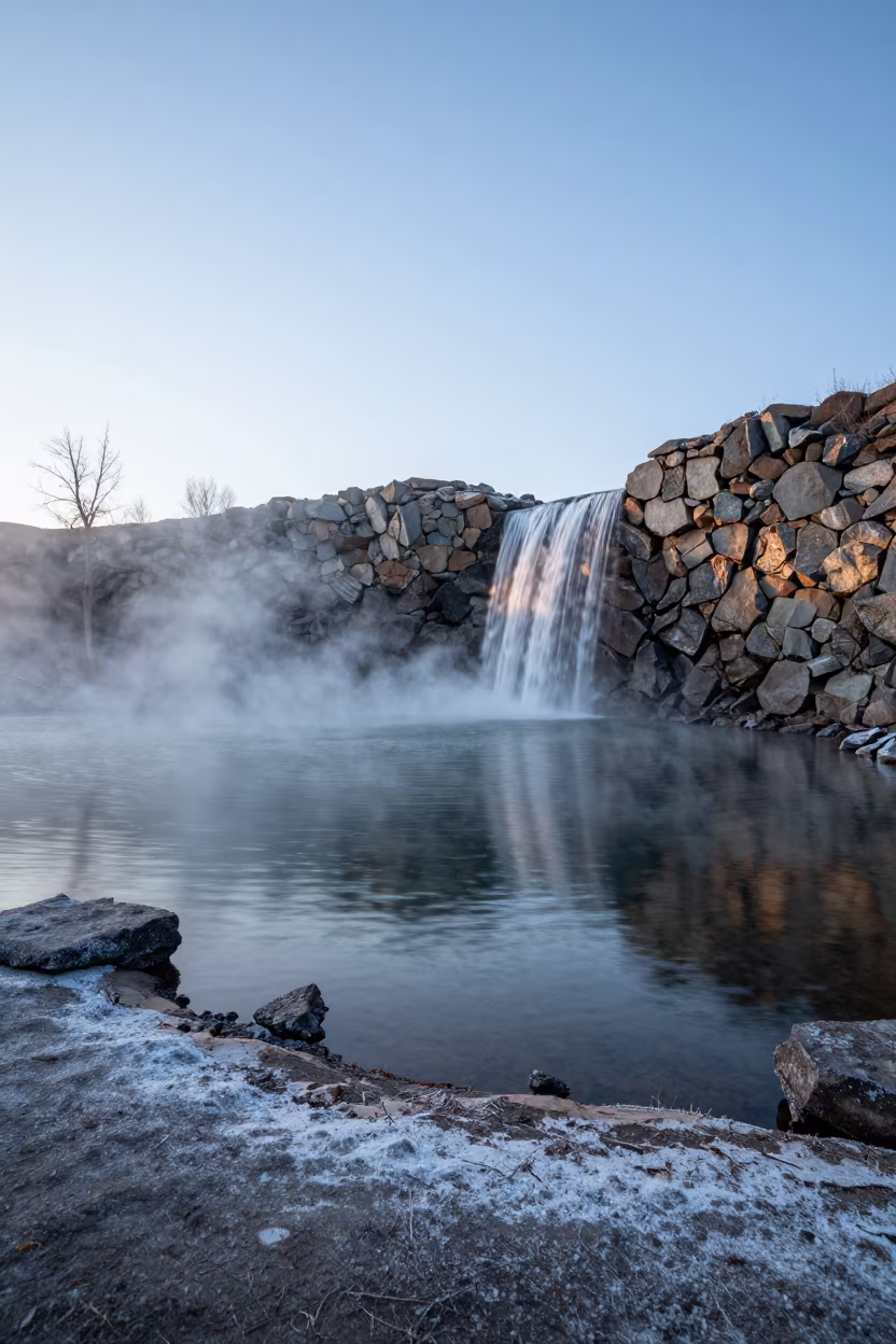 Surreal Hot Lake Waterfall at Dawn Almaty in along a wave-cut shoreline near Almaty