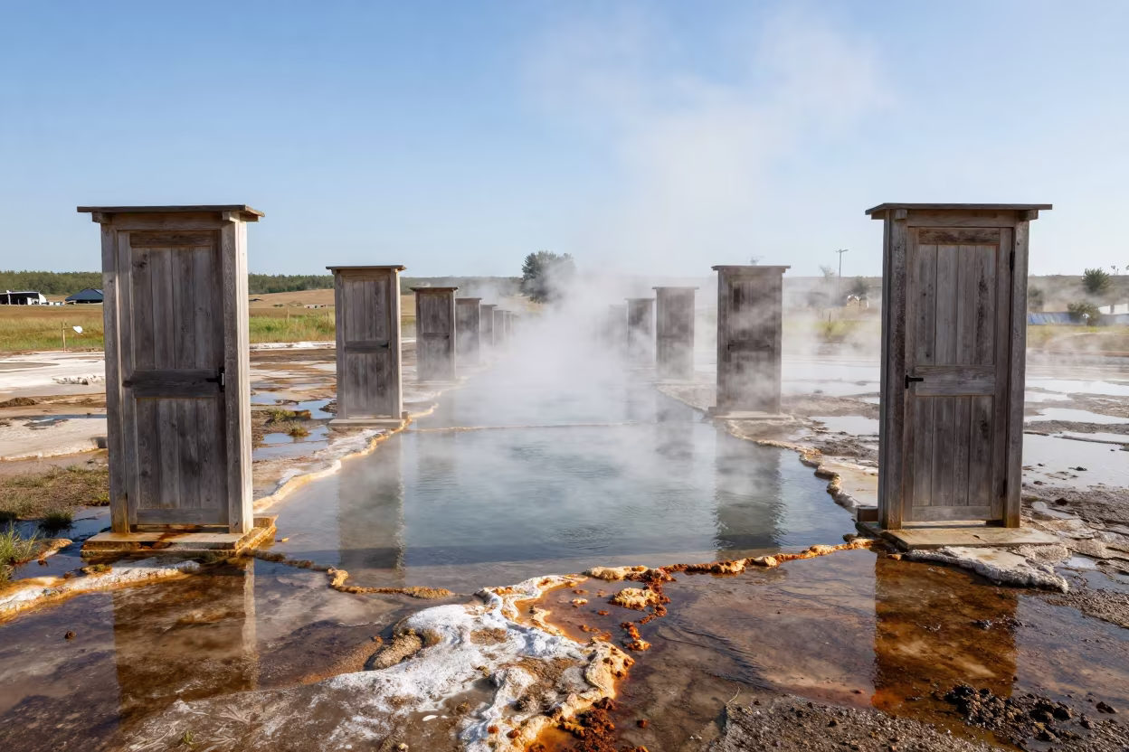 Surreal Hot Spring Corridor With Doors in across a floodplain after rain near Nampo