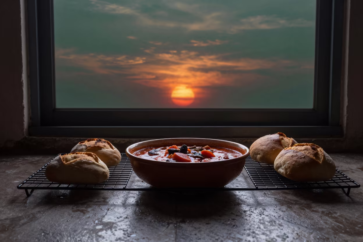 Surreal Hungarian Goulash Evening in Surat in on a bakery cooling rack in Surat