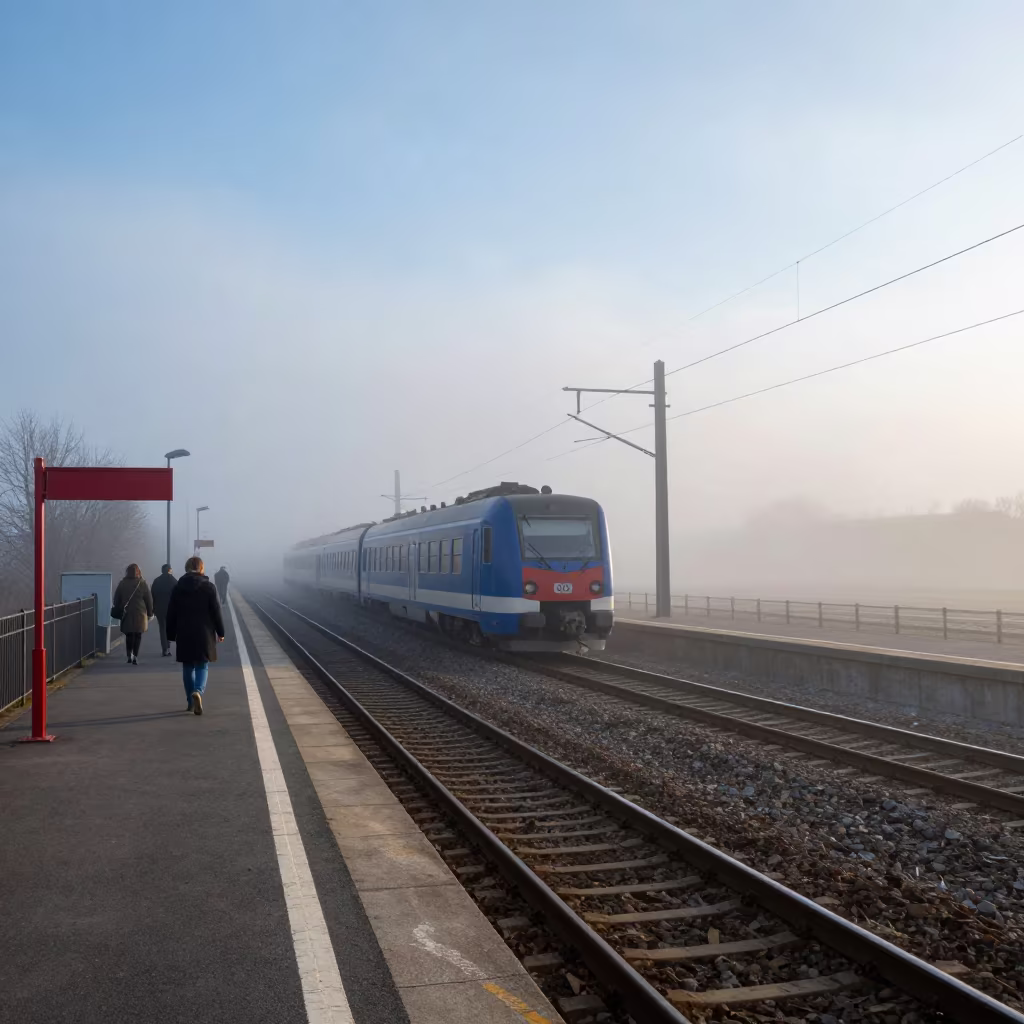 Surreal Hungarian Train Fog Morning Switchback in along a switchback approach in Hungary