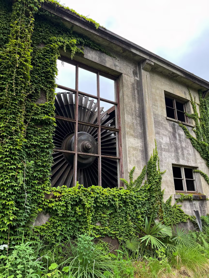 Surreal Hydro Plant Window with Sideways Growing Moss in beside ivy-draped masonry near Adelaide