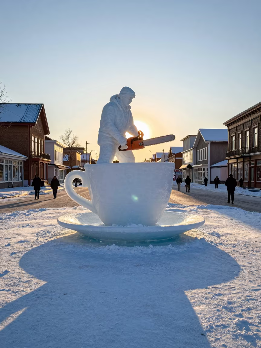 Surreal Ice Sculptor Amid Giant Pool-Sized Teacup in in the old quarter in Fairbanks