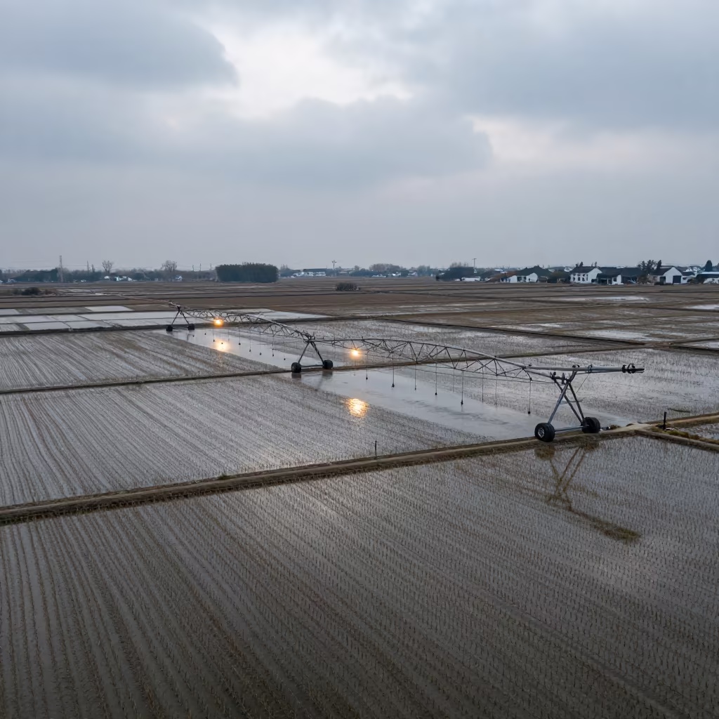 Surreal Irrigation Pivot Glows Over Winter Rice Terraces in among terraced rice paddies in Suzhou