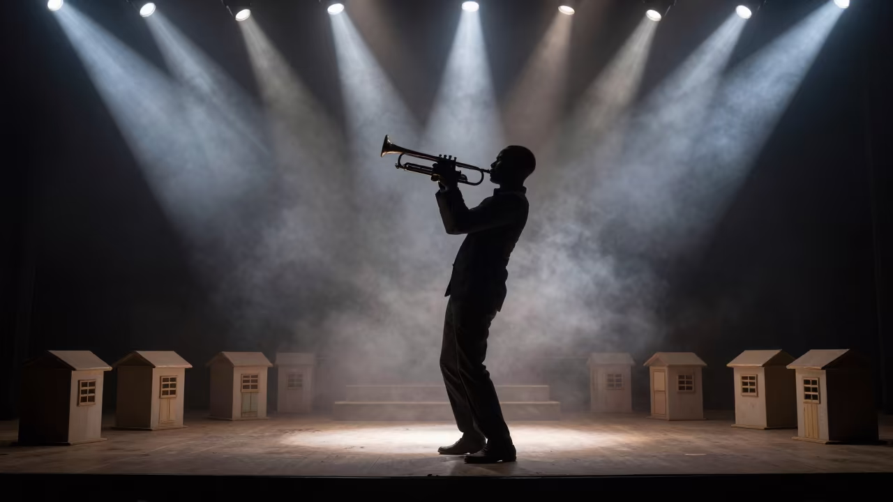 Surreal Jazz Trumpet Silhouette With Tiny Houses in on a dimly lit stage in Gusau