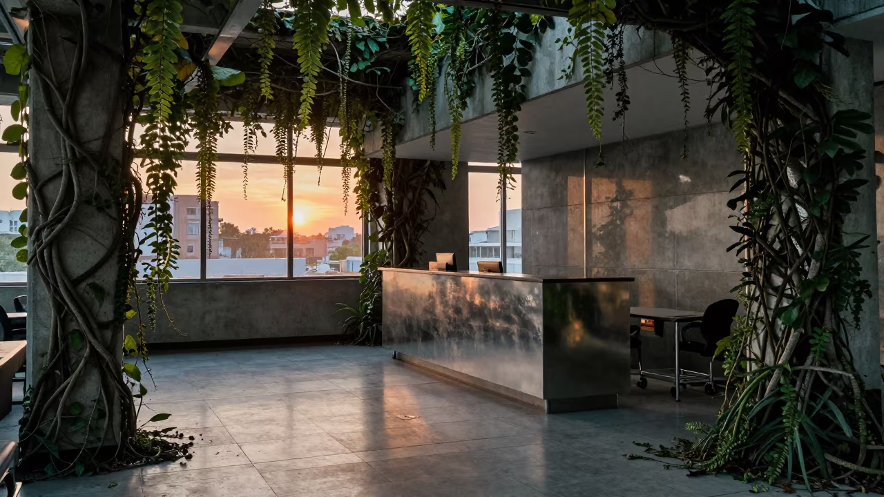 Surreal Jungle Vines Overgrowth Office Reception in at an office reception desk near Belas