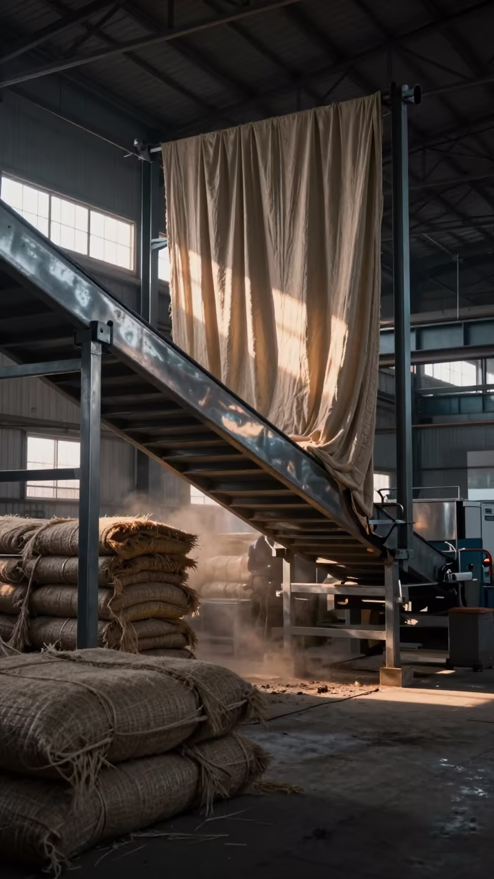 Surreal Jute Mill with Fabric Metal at Sunset in inside a packing hall with stainless conveyors in Ethiopia