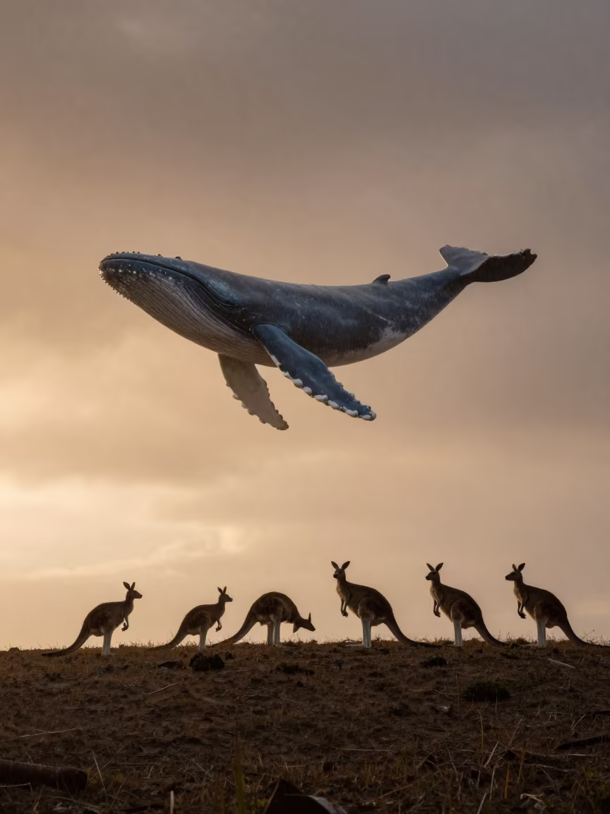 Surreal Kangaroo Mob Under Sky Whale in on a wind-scoured ridge near Guiyang