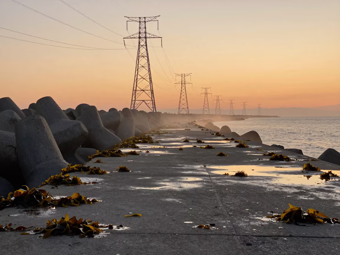 Surreal Kelp Streaks on Greek Breakwater at Sunset in beneath transmission towers in Greece