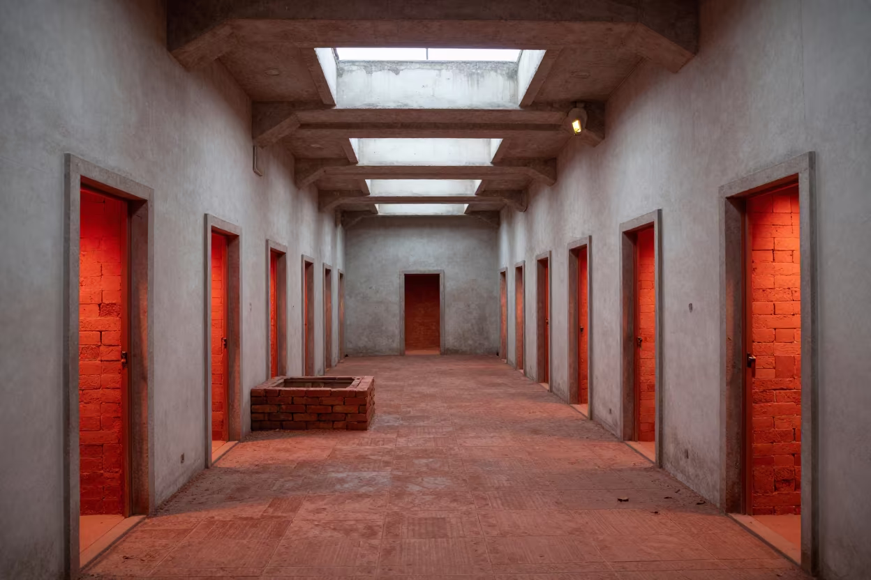 Surreal Kiln Corridor with Identical Doors in on a quarry ledge near Colombo