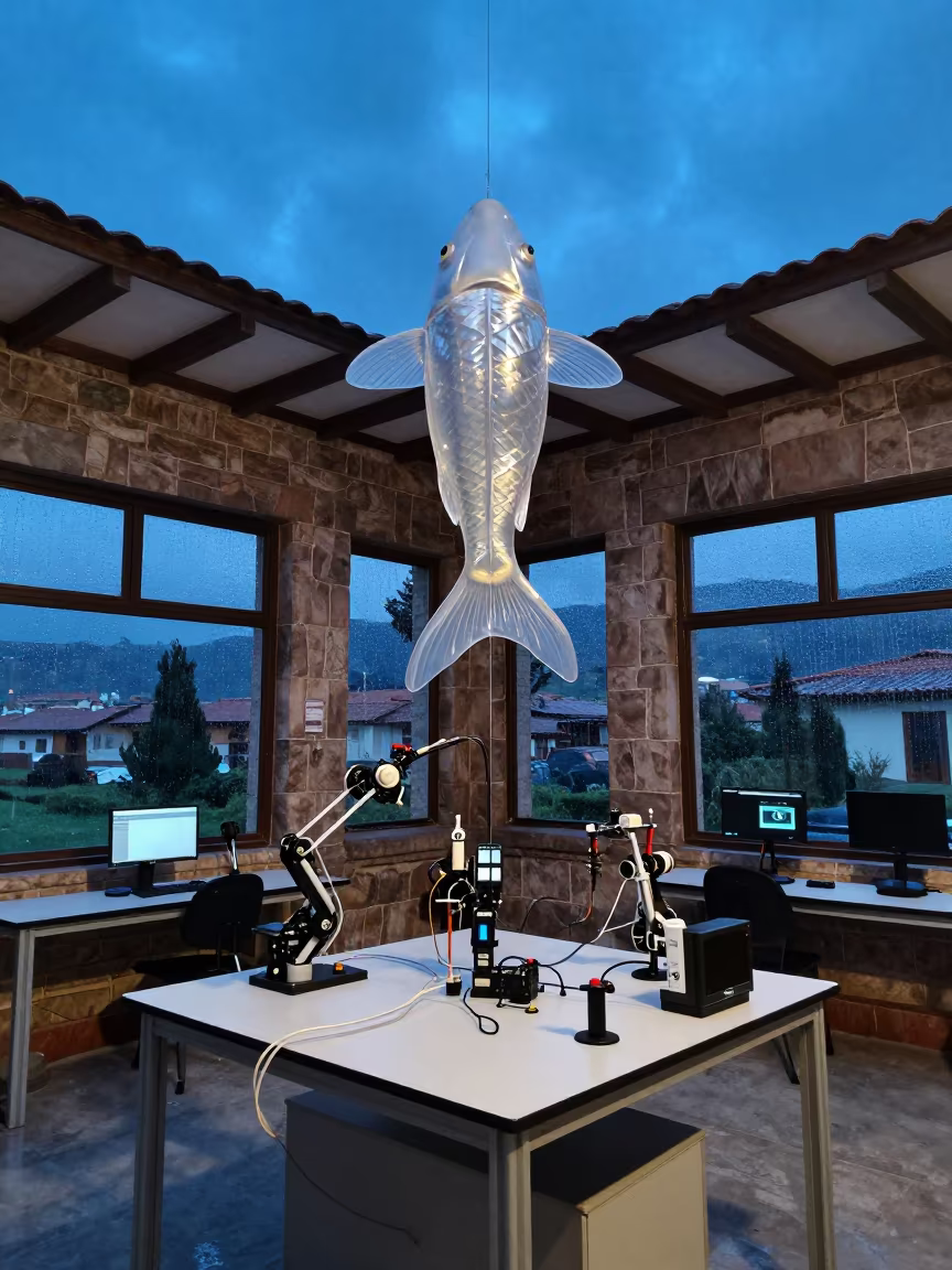 Surreal Koi Hovering Over Cusco Engineering Lab in at an engineering workbench in Cusco