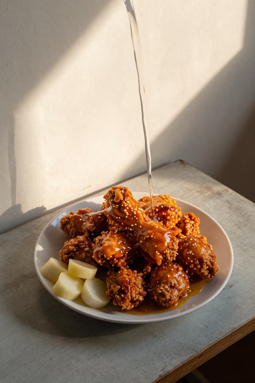 Surreal Korean Fried Chicken on Paraty Desk in on a writing desk in Paraty