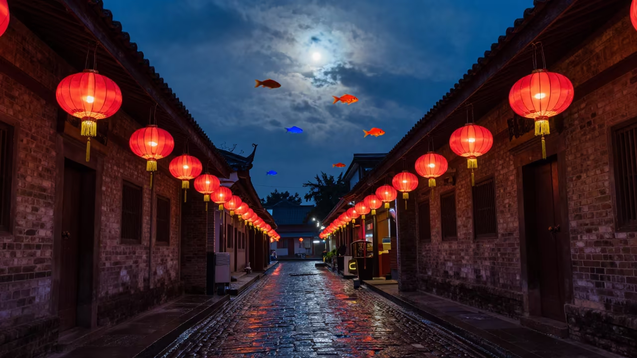 Surreal Lantern Alley With Swimming Tropical Fish in in a shrine lined with lanterns in Minna
