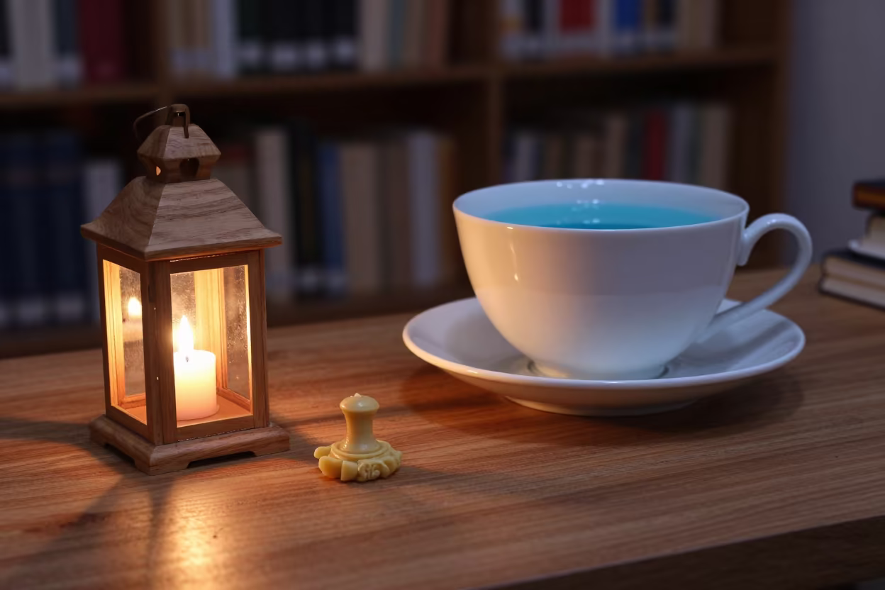Surreal Library Desk with Giant Teacup and Cedar Lantern in on a dusty library table in Worli, Mumbai