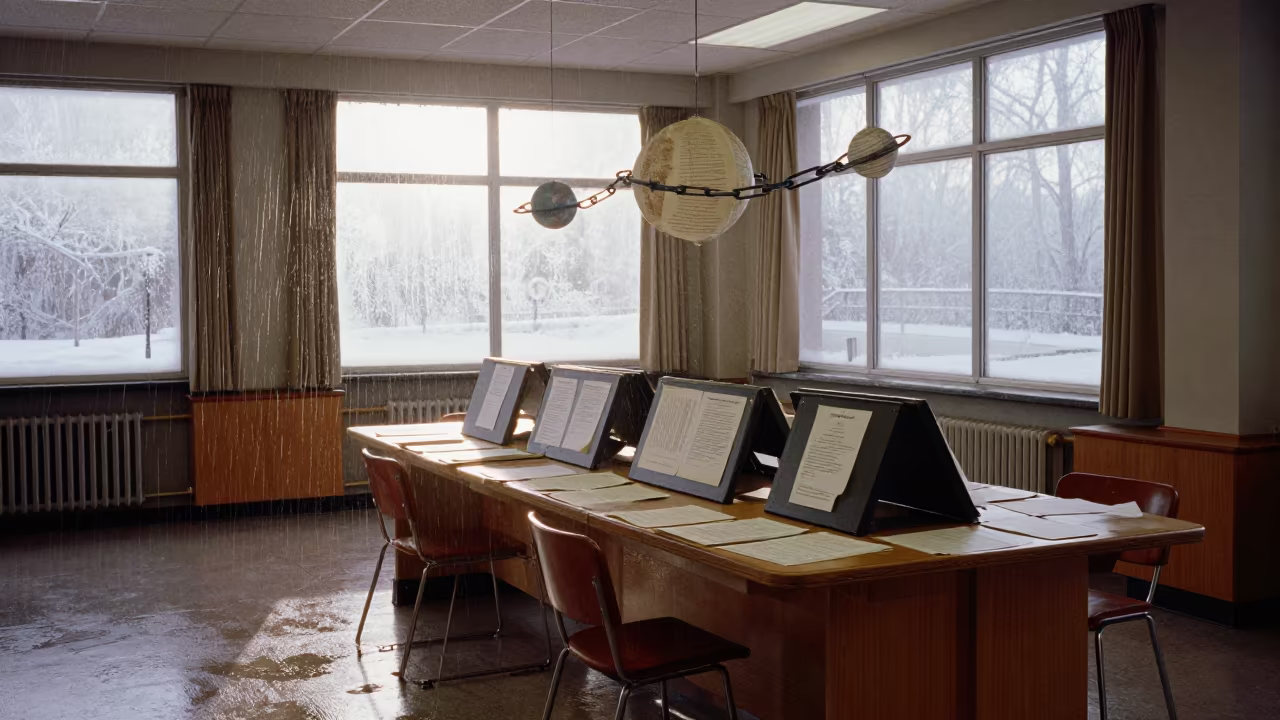 Surreal School Library Desk with Upward Rain in at a seminar table covered in notes in Hamilton
